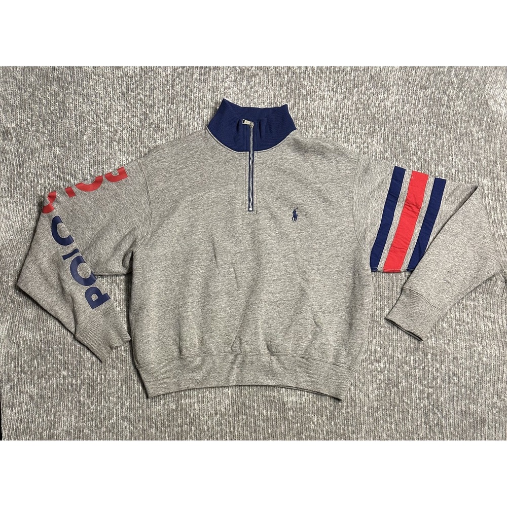 POLO RALPH LAUREN Women's Heather Grey Cropped Pullover 1/4 Zip Size Large
